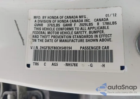 2012 Honda Civic Ex z USA, uszkodzony, nr VIN 2HGFB2F80CH549194